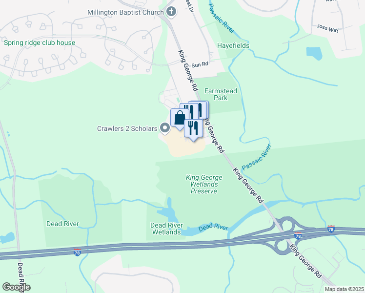 map of restaurants, bars, coffee shops, grocery stores, and more near 413 King George Rd in Basking Ridge