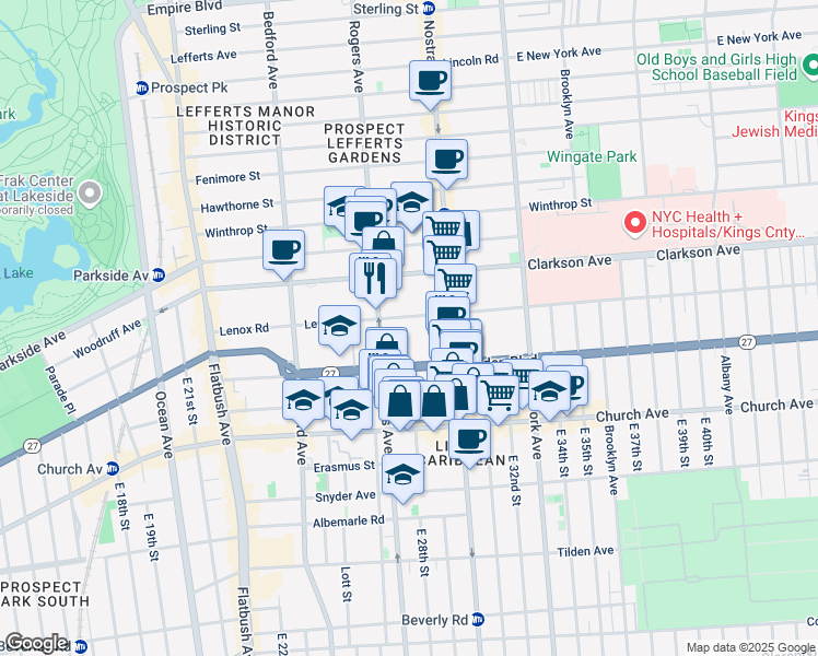 map of restaurants, bars, coffee shops, grocery stores, and more near 222 Lenox Road in Brooklyn