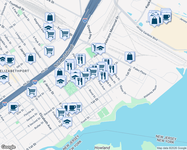 map of restaurants, bars, coffee shops, grocery stores, and more near 233 Second Street in Elizabeth
