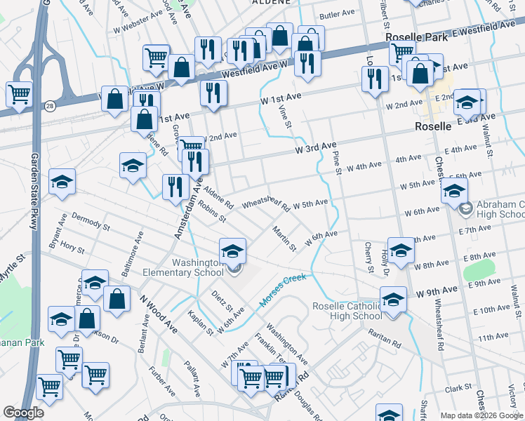 map of restaurants, bars, coffee shops, grocery stores, and more near 480 Aldene Road in Roselle
