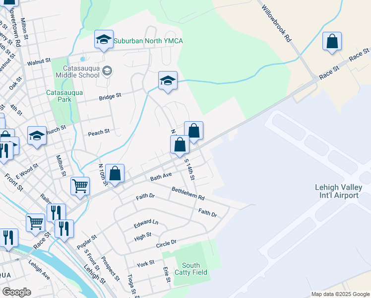 map of restaurants, bars, coffee shops, grocery stores, and more near 717 Race Street in Catasauqua