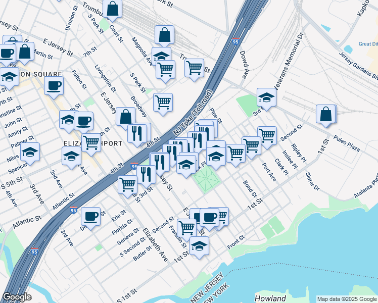 map of restaurants, bars, coffee shops, grocery stores, and more near 136 3rd Street in Elizabeth