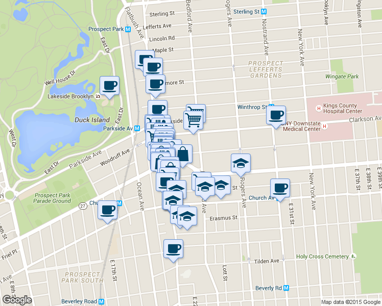 map of restaurants, bars, coffee shops, grocery stores, and more near 77 Lenox Road in Brooklyn