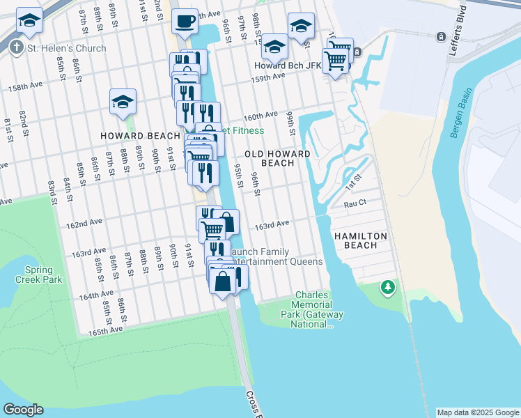 map of restaurants, bars, coffee shops, grocery stores, and more near 162-49 95th Street in Queens
