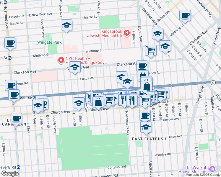 map of restaurants, bars, coffee shops, grocery stores, and more near 623 Linden Boulevard in Brooklyn