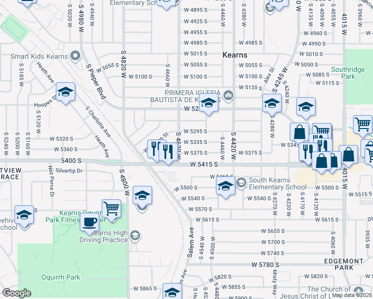 map of restaurants, bars, coffee shops, grocery stores, and more near 4594 West 5415 South in Kearns