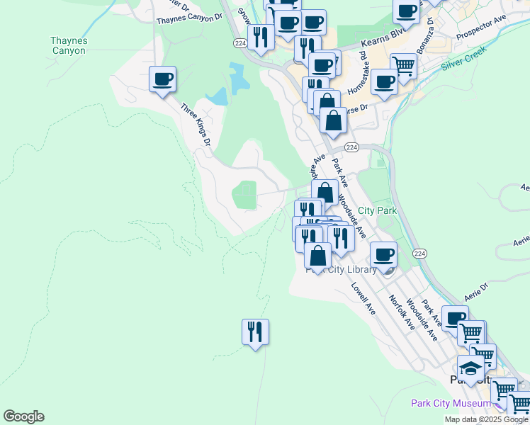 map of restaurants, bars, coffee shops, grocery stores, and more near 401 Silver King Drive in Park City
