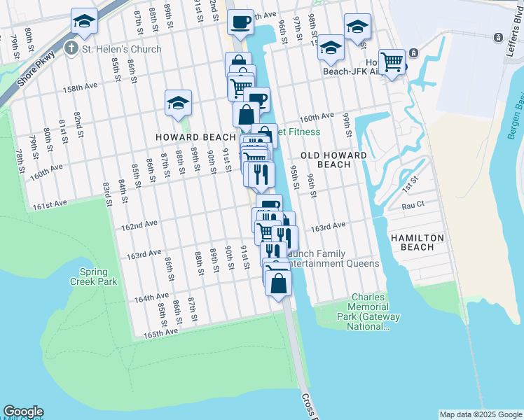 map of restaurants, bars, coffee shops, grocery stores, and more near 162-02 Cross Bay Boulevard in Queens