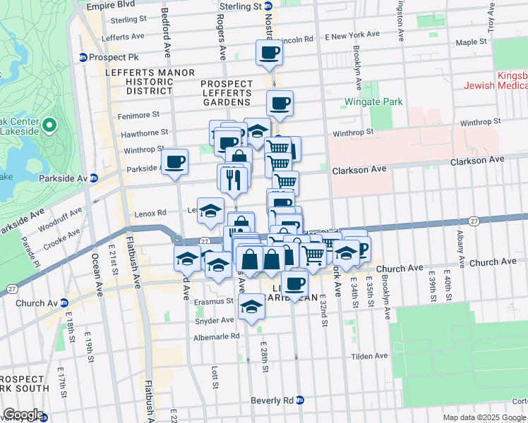 map of restaurants, bars, coffee shops, grocery stores, and more near 199 Linden Boulevard in Brooklyn