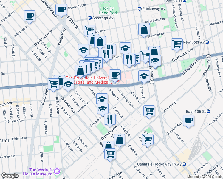 map of restaurants, bars, coffee shops, grocery stores, and more near 649 East 96th Street in Brooklyn