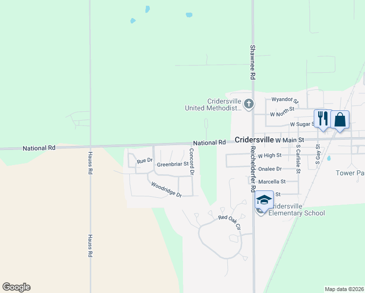 map of restaurants, bars, coffee shops, grocery stores, and more near 15311-15379 National Road in Wapakoneta