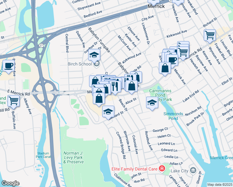 map of restaurants, bars, coffee shops, grocery stores, and more near 1697 Yale Road in Merrick