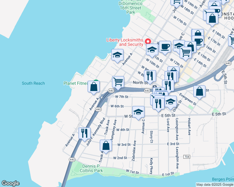 map of restaurants, bars, coffee shops, grocery stores, and more near 170 Avenue A in Bayonne