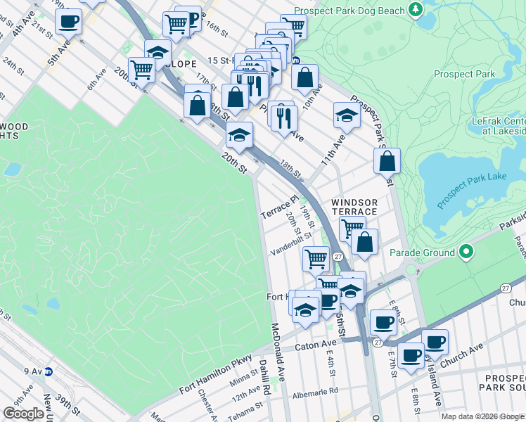 map of restaurants, bars, coffee shops, grocery stores, and more near 61 McDonald Avenue in Brooklyn