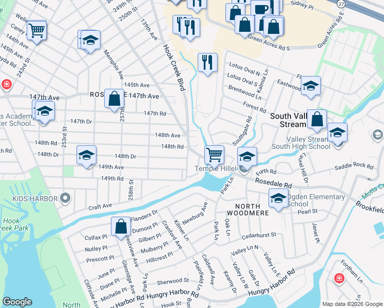 map of restaurants, bars, coffee shops, grocery stores, and more near 259-81 148th Road in Queens