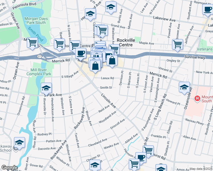 map of restaurants, bars, coffee shops, grocery stores, and more near 50 Lenox Road in Rockville Centre