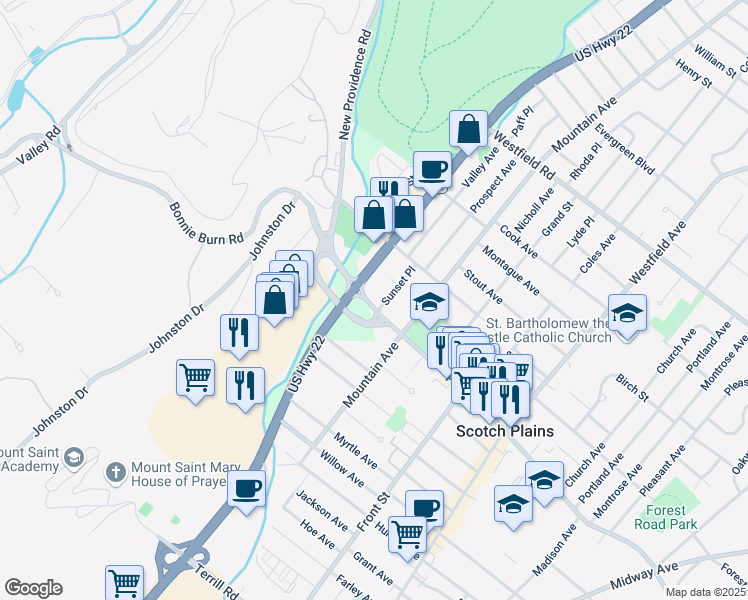 map of restaurants, bars, coffee shops, grocery stores, and more near 1933 Sunset Place in Scotch Plains