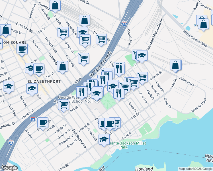 map of restaurants, bars, coffee shops, grocery stores, and more near 319 Court Street in Elizabeth