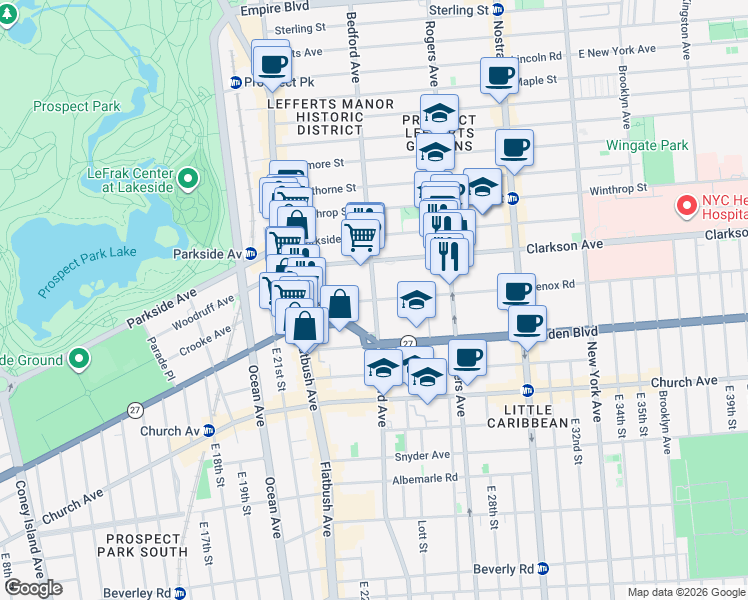 map of restaurants, bars, coffee shops, grocery stores, and more near Bedford Ave & Lenox Rd in Brooklyn