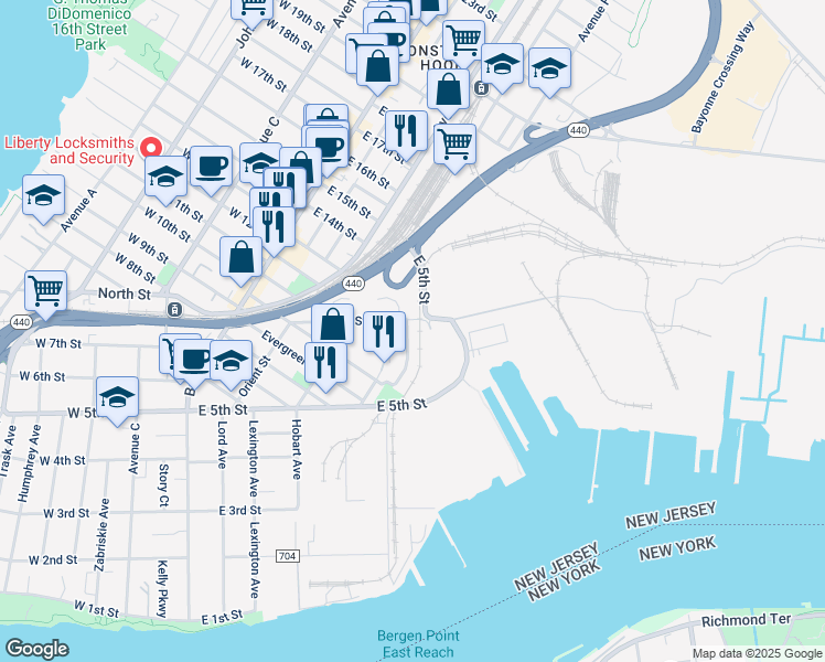 map of restaurants, bars, coffee shops, grocery stores, and more near 76 Isabella Avenue in Bayonne