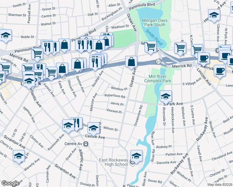 map of restaurants, bars, coffee shops, grocery stores, and more near 61 Huntington Avenue in Lynbrook
