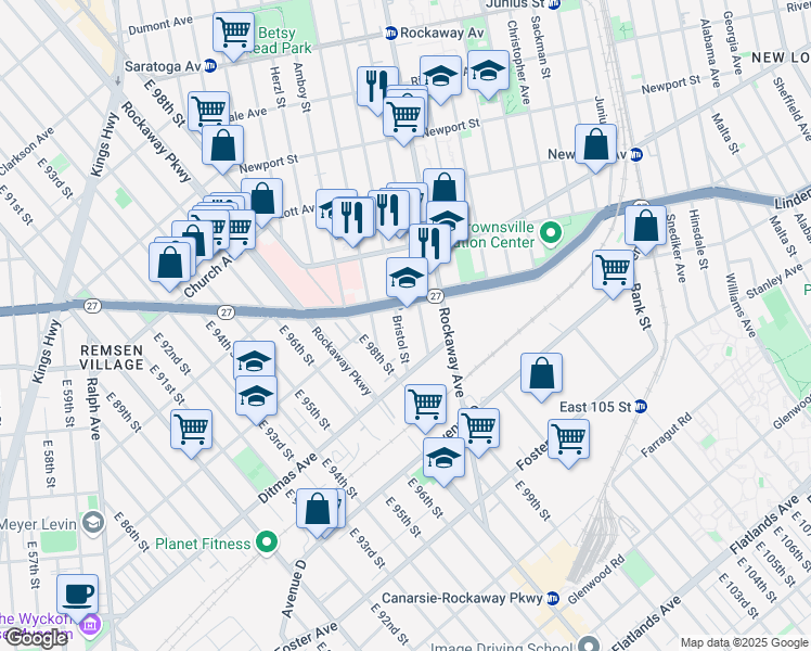 map of restaurants, bars, coffee shops, grocery stores, and more near 693 Bristol Street in Brooklyn