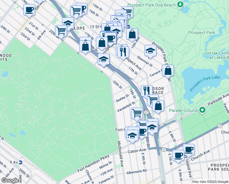 map of restaurants, bars, coffee shops, grocery stores, and more near 25 McDonald Avenue in Brooklyn