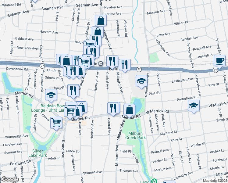 map of restaurants, bars, coffee shops, grocery stores, and more near 2341 Central Avenue in Baldwin