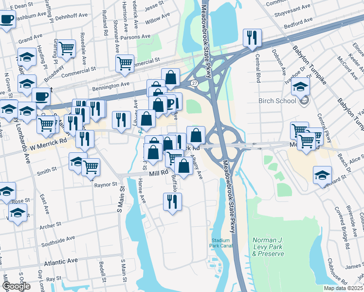 map of restaurants, bars, coffee shops, grocery stores, and more near 30 Albany Avenue in Freeport