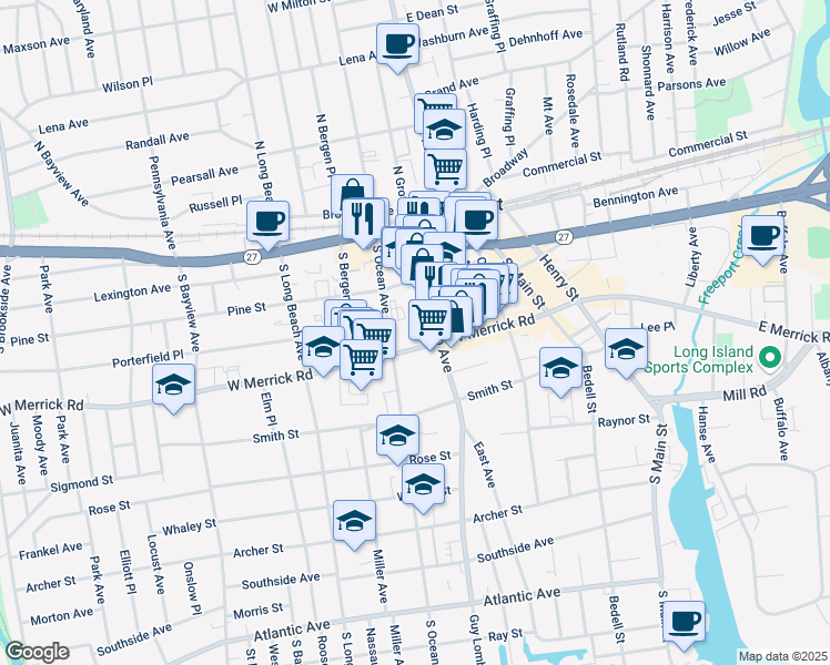 map of restaurants, bars, coffee shops, grocery stores, and more near 87 Pine Street in Freeport