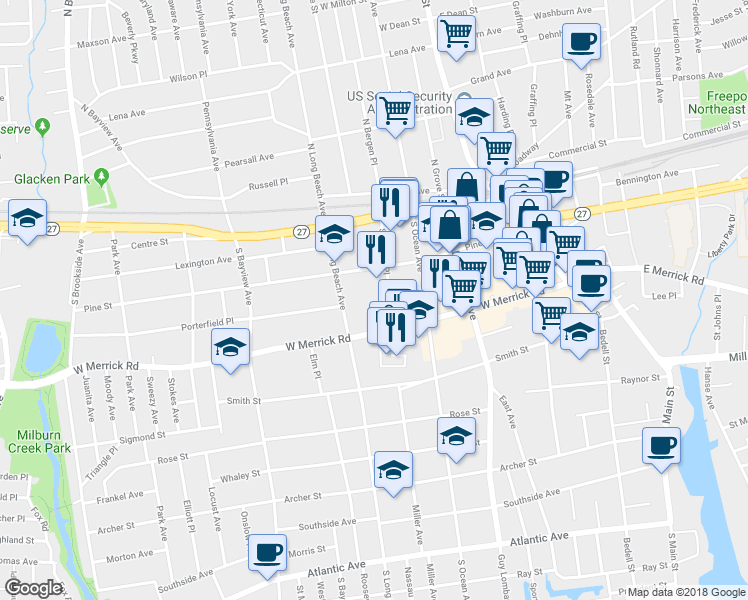 map of restaurants, bars, coffee shops, grocery stores, and more near 155 Pine Street in Freeport