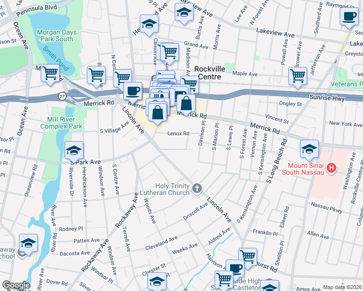 map of restaurants, bars, coffee shops, grocery stores, and more near 50 Lenox Road in Rockville Centre