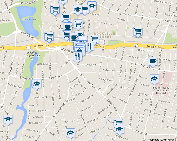 map of restaurants, bars, coffee shops, grocery stores, and more near 50 Lenox Road in Rockville Centre