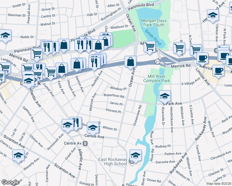 map of restaurants, bars, coffee shops, grocery stores, and more near 61 Huntington Avenue in Lynbrook