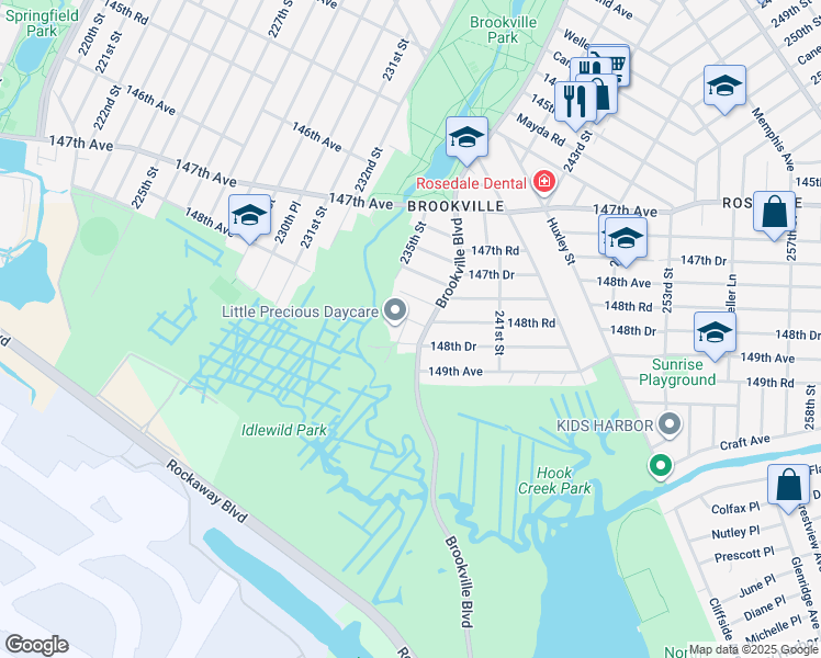 map of restaurants, bars, coffee shops, grocery stores, and more near 235-15 Bentley Road in Queens