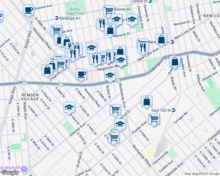 map of restaurants, bars, coffee shops, grocery stores, and more near 1462 Linden Boulevard in Brooklyn