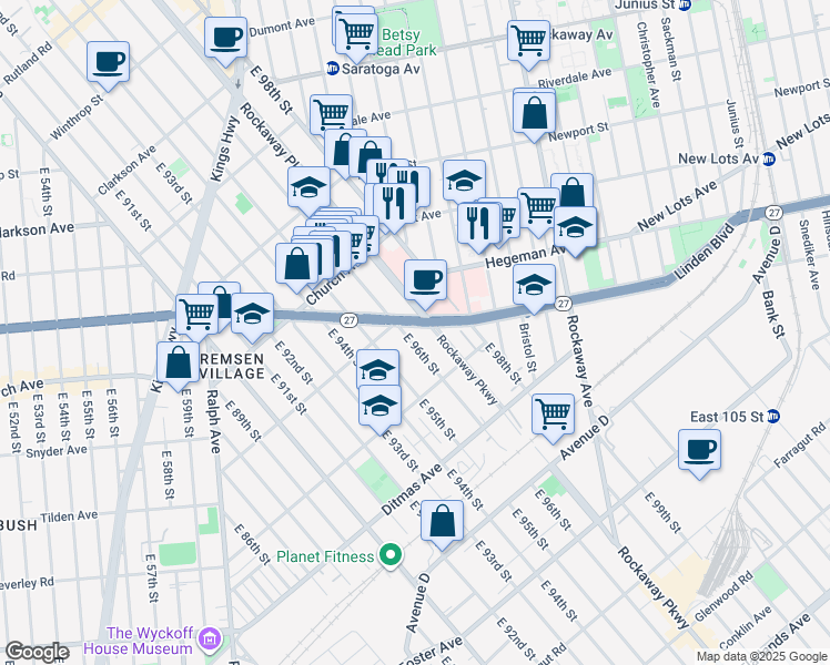 map of restaurants, bars, coffee shops, grocery stores, and more near 1275 Linden Boulevard in Brooklyn