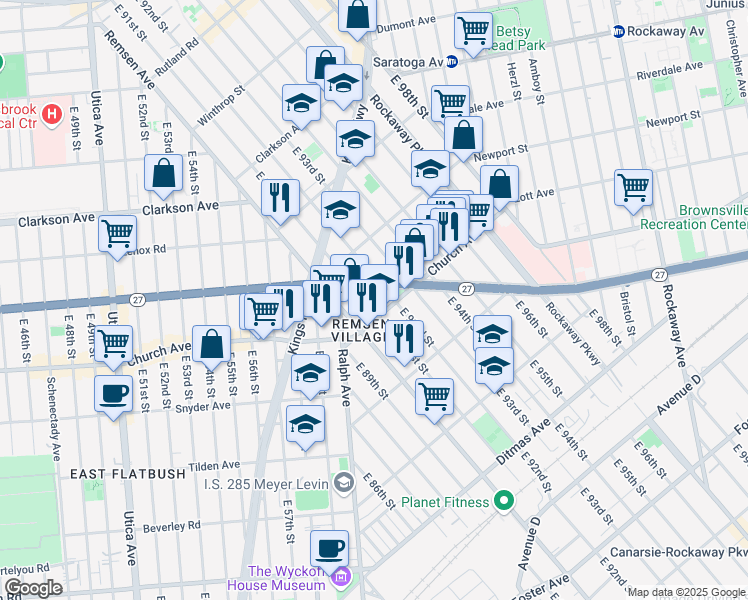 map of restaurants, bars, coffee shops, grocery stores, and more near 1023 Linden Boulevard in Brooklyn