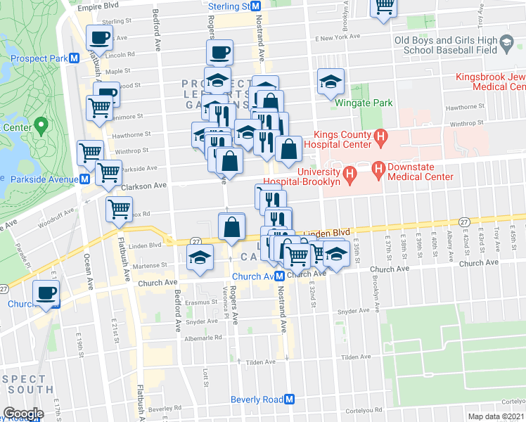 map of restaurants, bars, coffee shops, grocery stores, and more near 1308 Nostrand Avenue in Brooklyn