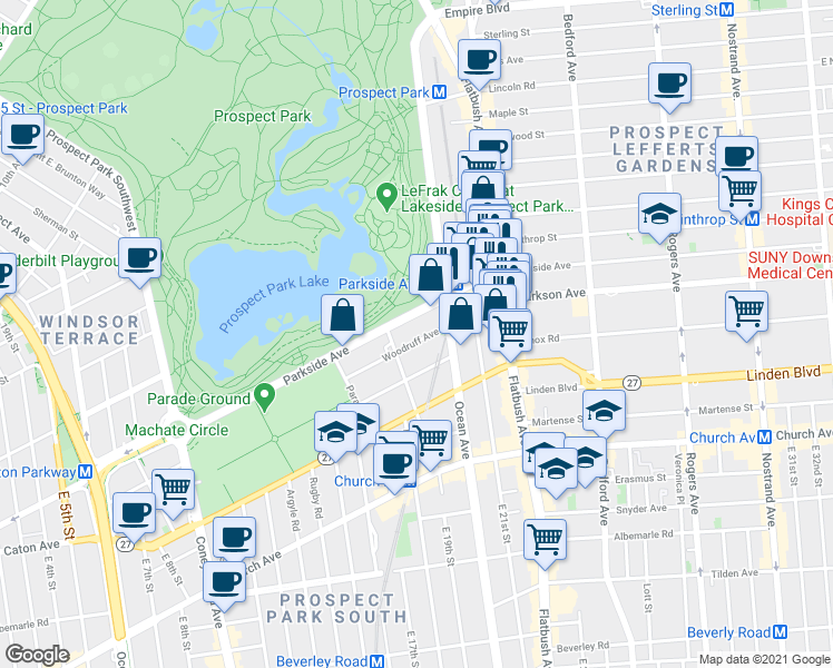 map of restaurants, bars, coffee shops, grocery stores, and more near 152 Parkside Avenue in Brooklyn