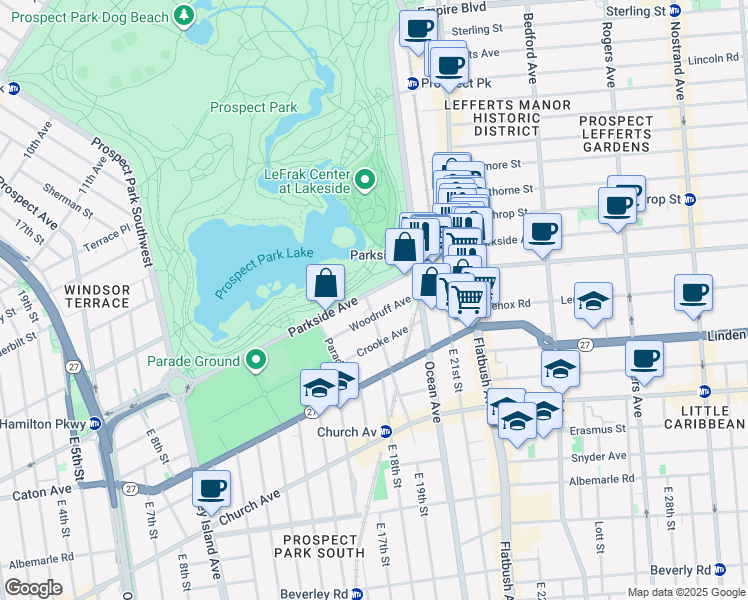 map of restaurants, bars, coffee shops, grocery stores, and more near 152 Parkside Avenue in Brooklyn
