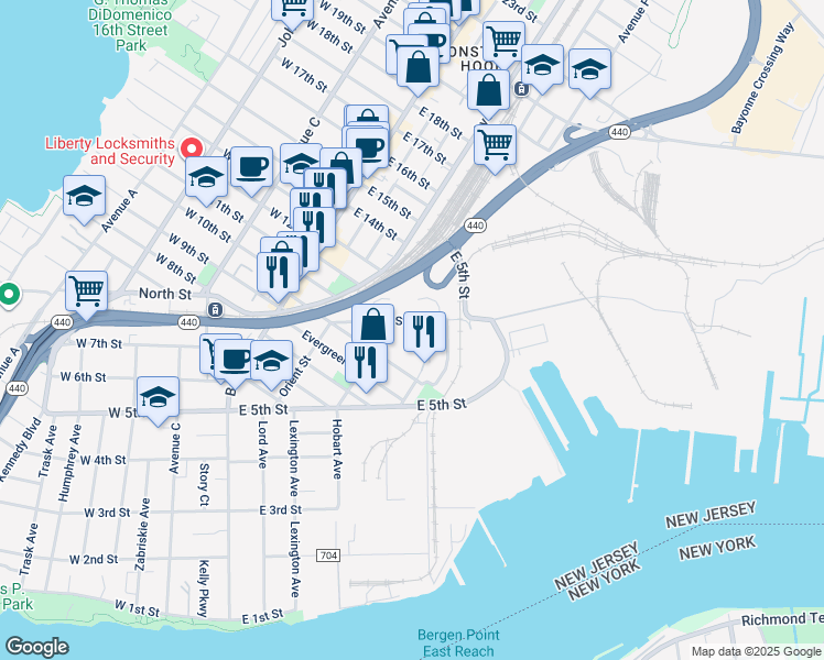 map of restaurants, bars, coffee shops, grocery stores, and more near 51 Oak Street in Bayonne