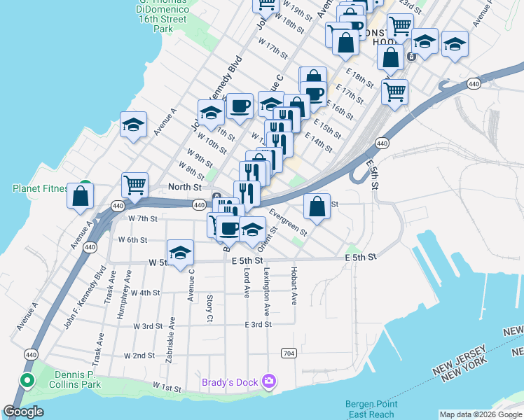 map of restaurants, bars, coffee shops, grocery stores, and more near 7 Linnet Street in Bayonne