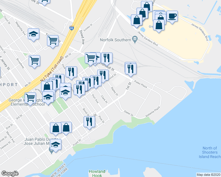 map of restaurants, bars, coffee shops, grocery stores, and more near 315 Second Street in Elizabeth