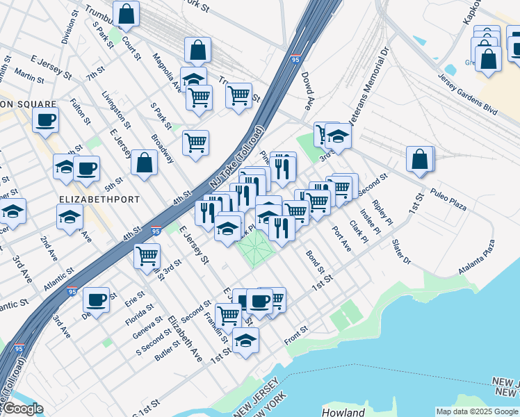 map of restaurants, bars, coffee shops, grocery stores, and more near 210 3rd Street in Elizabeth