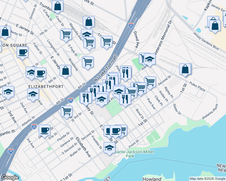 map of restaurants, bars, coffee shops, grocery stores, and more near 319 Court Street in Elizabeth