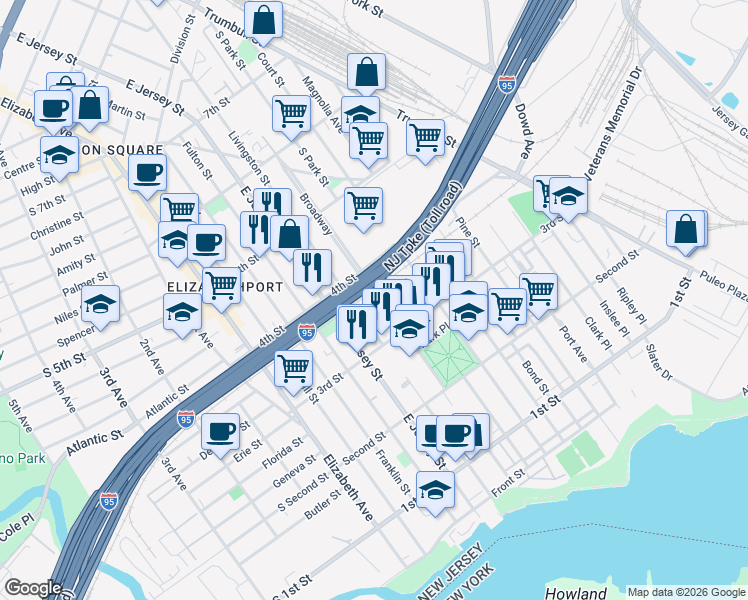 map of restaurants, bars, coffee shops, grocery stores, and more near 139 4th Street in Elizabeth