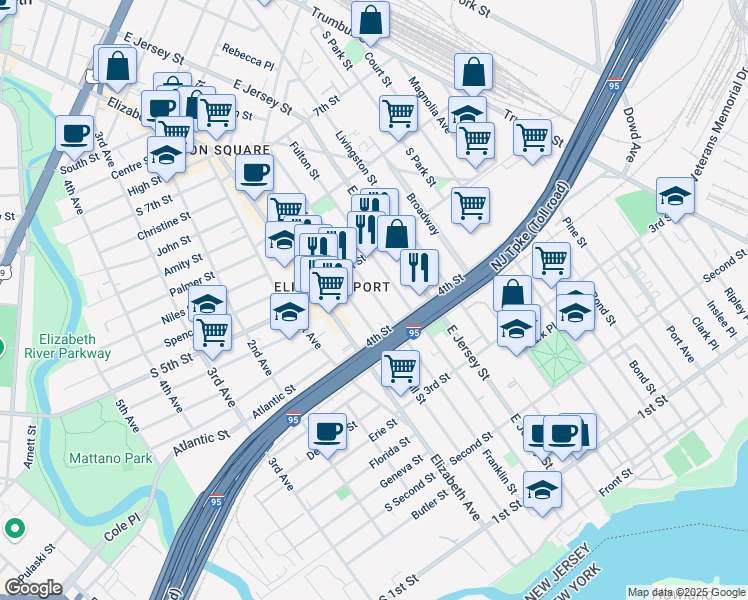 map of restaurants, bars, coffee shops, grocery stores, and more near 451 Franklin Street in Elizabeth