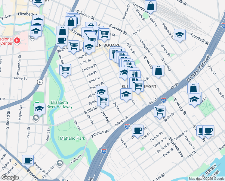 map of restaurants, bars, coffee shops, grocery stores, and more near 534 1st Avenue in Elizabeth