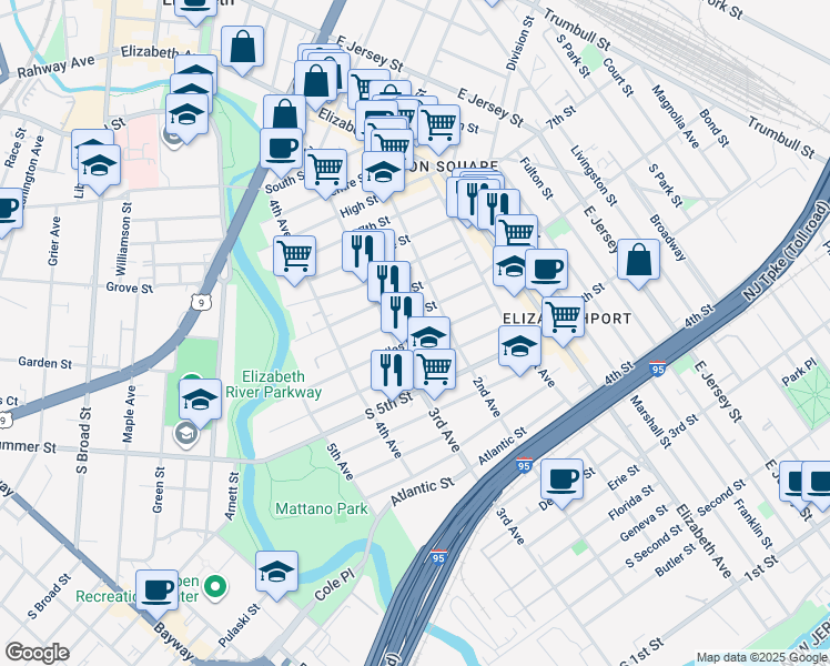 map of restaurants, bars, coffee shops, grocery stores, and more near 221 Palmer Street in Elizabeth